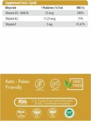 Vitamin D3 K2 1000 IU, Vitamin E, Zeytinyağı Sayesinde Yüksek Emilim, 20 ml