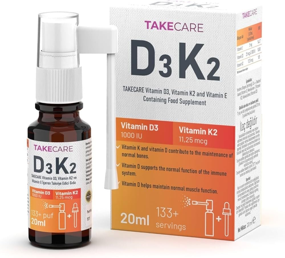 TAKECARE Vitamin D3, Vitamin K2 ve Vitamin E İçeren Takviye Edici Gıda 20ml Sprey ve Damlalıklı