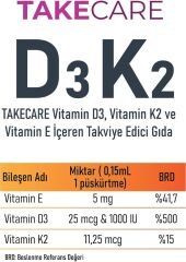 TAKECARE Vitamin D3, Vitamin K2 ve Vitamin E İçeren Takviye Edici Gıda 20ml Sprey ve Damlalıklı
