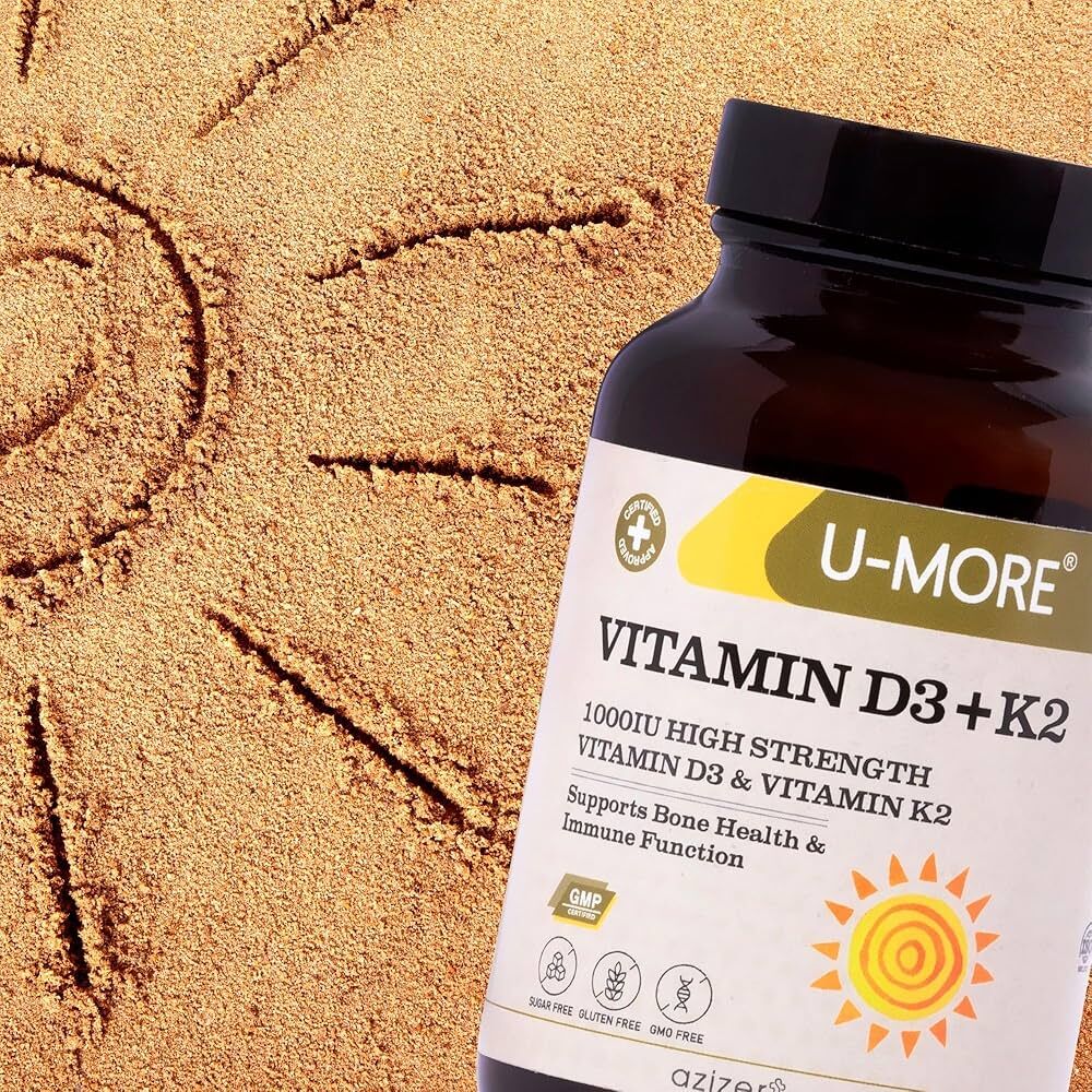 U-MORE - 1000 IU Yüksek Güçlü D3 Vitamini ve K2 Vitamini (Menaquinone 7) - Şeker, Gluten, GDO İçermez, Güçlü Kemikler ve Bağışıklık için Günlük Takviye - 60 Softjel