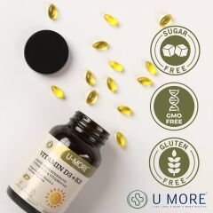 U-MORE - 1000 IU Yüksek Güçlü D3 Vitamini ve K2 Vitamini (Menaquinone 7) - Şeker, Gluten, GDO İçermez, Güçlü Kemikler ve Bağışıklık için Günlük Takviye - 60 Softjel