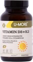 U-MORE - 1000 IU Yüksek Güçlü D3 Vitamini ve K2 Vitamini (Menaquinone 7) - Şeker, Gluten, GDO İçermez, Güçlü Kemikler ve Bağışıklık için Günlük Takviye - 60 Softjel