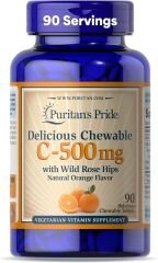 Puritans Pride Vitamin C 500 Mg with Rose Hips 90 Çiğnenebilir Tablet AROMASIZ Renkli