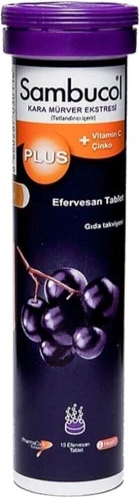 SAMBUCOL Plus Kara Mürver Ekstresi C Vitamini + Çinko Efervesan Gıda Takviyesi (1 x 15 Tablet)