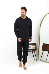 Akbeniz Erkek Polo Yaka Uzun Kol Penye Pijama Takımı 6862 Lacivert