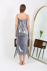 Akbeniz Kadın İp Askılı Uzun Parlak Micro Elbise Gecelik  7415 Gri