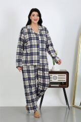 Akbeniz Kadın Büyük Beden Pamuklu Cepli Düğmeli Lacivert Pijama Takım 202504