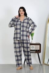 Akbeniz Kadın Büyük Beden Pamuklu Cepli Düğmeli Lacivert Pijama Takım 202504