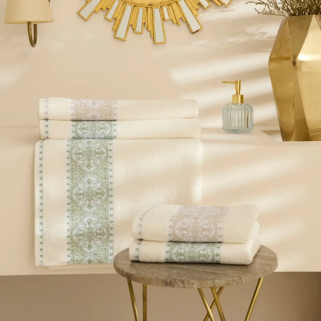Karaca Home Cozy Bath Jacquard 100% Cotton 4 Piece Hammam Set Green-Beige