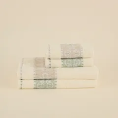 Karaca Home Cozy Bath Jacquard 100% Cotton 4 Piece Hammam Set Green-Beige