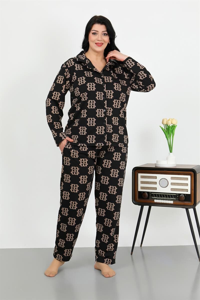 Akbeniz Kadın Büyük Beden Pamuklu Cepli Düğmeli Siyah Pijama Takım 202506