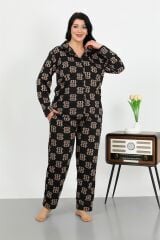 Akbeniz Kadın Büyük Beden Pamuklu Cepli Düğmeli Siyah Pijama Takım 202506