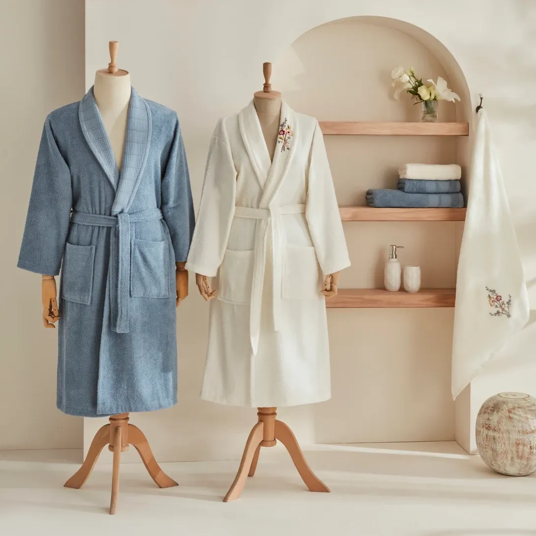 Karaca Home Nita 100% Cotton Family Bathroom Set Blue-Cream
