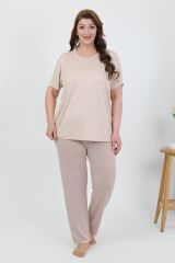 Akbeniz Kadın Büyük Beden Kısa Kol Penye Pijama Takımı Sütlü Kahve 202510