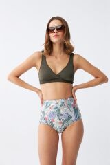 Akbeniz Kadın Haki Pedli Üst ve Yüksek Bel Çiçek Desenli Bikini Takımı