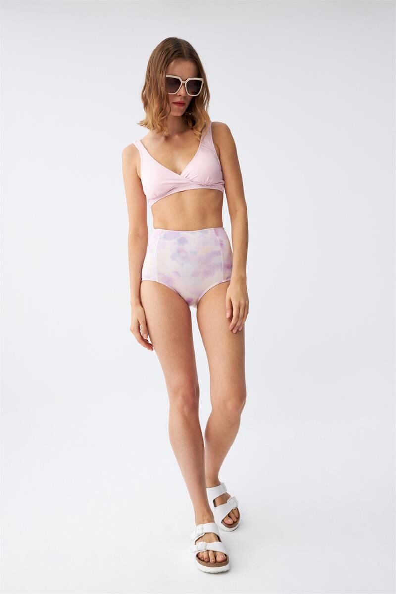 Akbeniz Kadın Pembe Pedli Üst ve Pastel Desenli Yüksek Bel Bikini Takımı