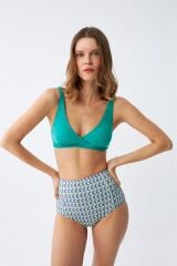 Akbeniz Kadın Yeşil Pedli Geometrik Desenli Yüksek Bel Bikini Takımı