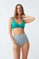 Akbeniz Kadın Yeşil Pedli Geometrik Desenli Yüksek Bel Bikini Takımı