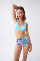 Akbeniz Kadın Pedli Üst Tropik Desenli Yüksek Bel Bikini Takımı - Buz Mavisi