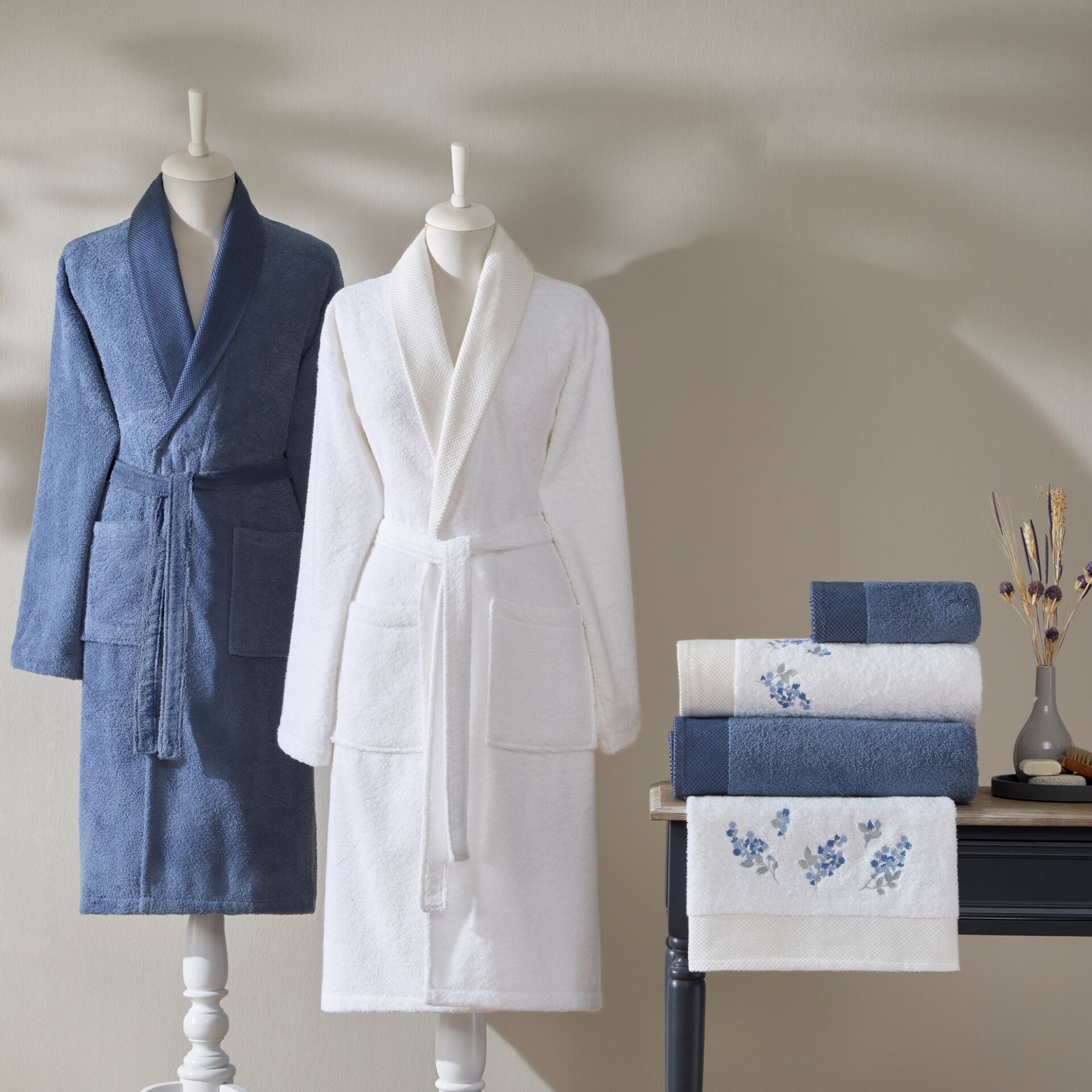 Taç Sky Pure Cotton Pamuk Aile Bornoz Seti Beyaz Denim