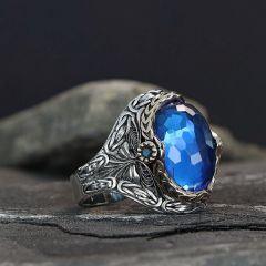 Kral Zincir Model Blue Topaz Taşlı 925 Ayar Erkek Gümüş Yüzük