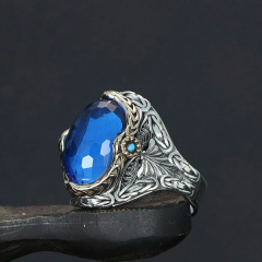 Kral Zincir Model Blue Topaz Taşlı 925 Ayar Erkek Gümüş Yüzük