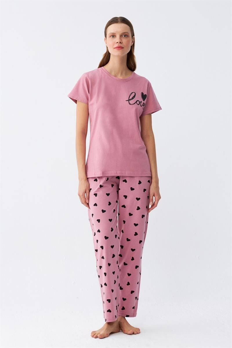 Akbeniz Kadın Somon Kalp Desenli Kısa Kollu Penye Pijama Takımı