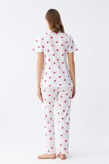 Akbeniz Kadın Beyaz Kırmızı Kalpli Önden Düğmeli Pijama Takımı