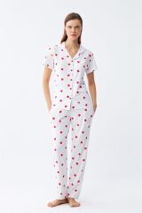 Akbeniz Kadın Beyaz Kırmızı Kalpli Önden Düğmeli Pijama Takımı