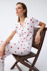 Akbeniz Kadın Beyaz Kırmızı Kalpli Önden Düğmeli Pijama Takımı