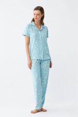 Akbeniz Kadın Buz Mavisi Yıldız Desenli Önden Düğmeli Pijama Takımı