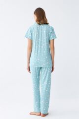 Akbeniz Kadın Buz Mavisi Yıldız Desenli Önden Düğmeli Pijama Takımı