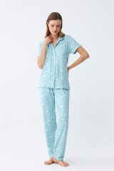 Akbeniz Kadın Buz Mavisi Yıldız Desenli Önden Düğmeli Pijama Takımı