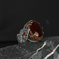 Kırmızı Zirkon Taşlı 925 Ayar Erkek Gümüş Yüzük