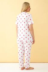 Akbeniz Kadın Beyaz Kırmızı Kalp Desenli Önden Düğmeli Büyük Beden Pijama Takımı