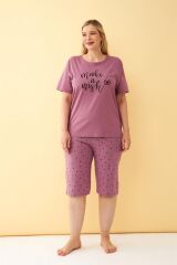 Akbeniz Kadın Mürdüm “Make a Wish” Yazılı Büyük Beden Kapri Pijama Takımı