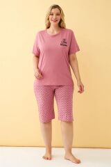 Akbeniz Kadın Somon “Live the Dream” Yazılı Büyük Beden Kapri Pijama Takımı
