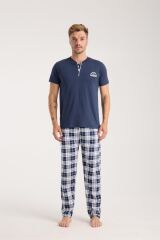 Akbeniz Erkek Lacivert Düğmeli Yaka Kısa Kol Pijama Takımı