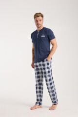 Akbeniz Erkek Lacivert Düğmeli Yaka Kısa Kol Pijama Takımı