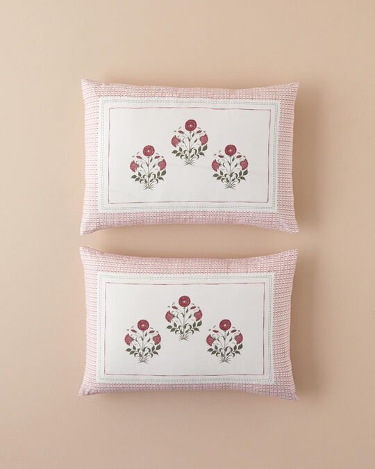 Floral Grid Çift Taraflı Pamuklu 2'Li Yastık Kılıfı Gül Kurusu